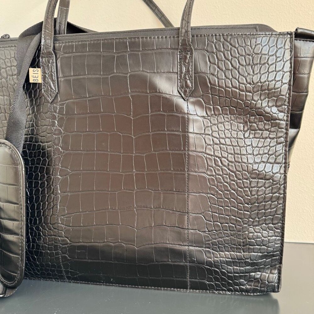BEIS Large Work Tote Black Crocodile 14.5” x 11” Vegan Leather Zip Closure - Picture 2 of 15